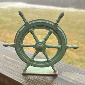 ANTIQUE SPENCER CT CAST IRON SEA SHIP WHEEL, BOOKEND, DOORSTOP, HOME DOOR ART